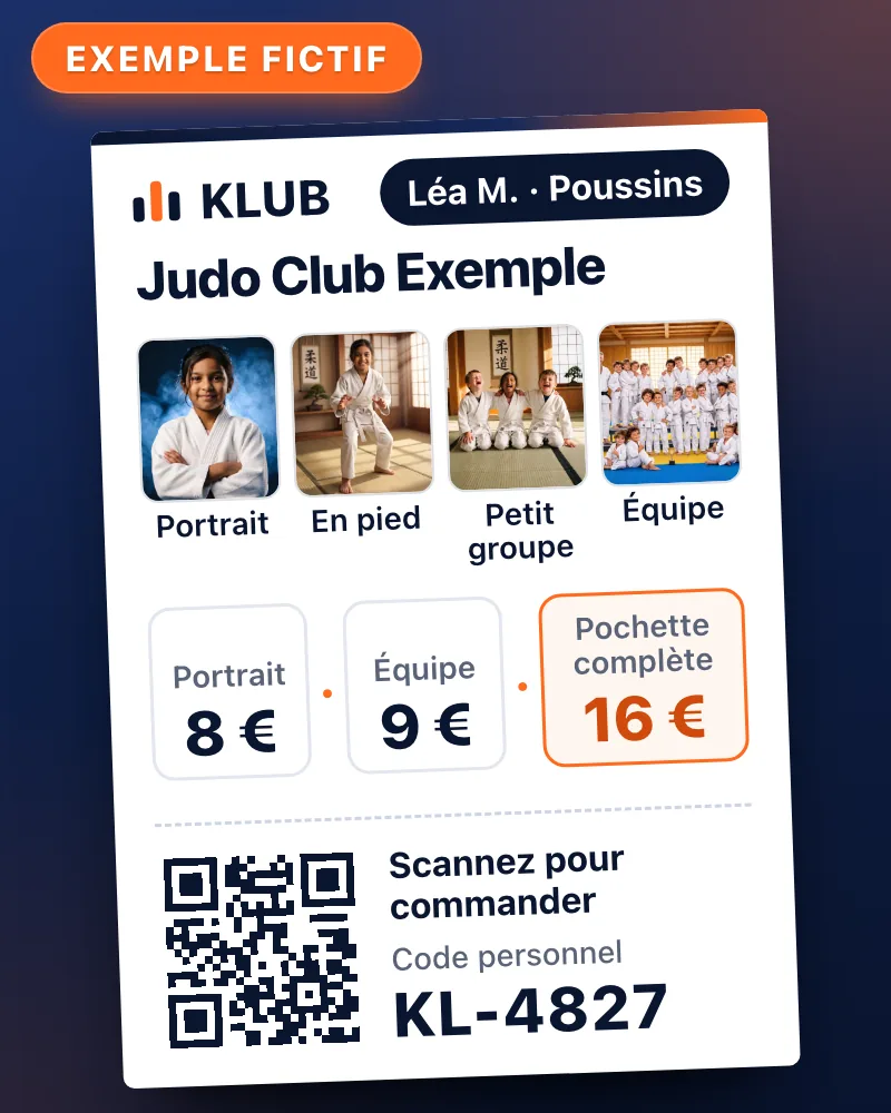 Visuel d'illustration (exemple fictif) : bon de commande imprimé d'une licenciée, avec ses quatre photos, les prix et un QR code personnel