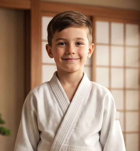 Visuel d'illustration : un jeune judoka souriant en kimono blanc