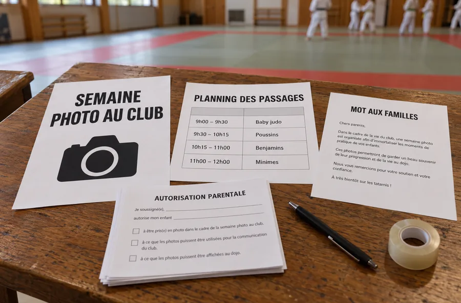Visuel d'illustration : sur une table au bord du tatami, les documents imprimés de la semaine photo : affiche, planning des passages, mot aux familles et autorisations parentales