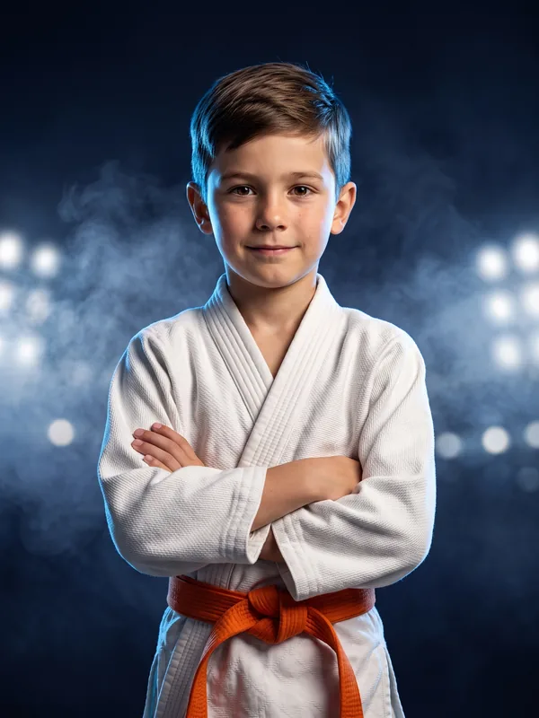Visuel d'illustration : portrait d'un jeune judoka ceinture orange, bras croisés, sur un fond bleu nuit