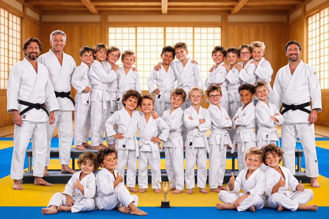 Visuel d'illustration : photo de groupe d'un club de judo, enfants et professeurs en kimono dans un dojo, une coupe au premier plan